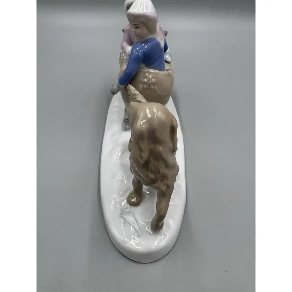 Meico Figurine Boy & Girl Sled Retriever Dog Snow Winter Porcelain Figurine 8”